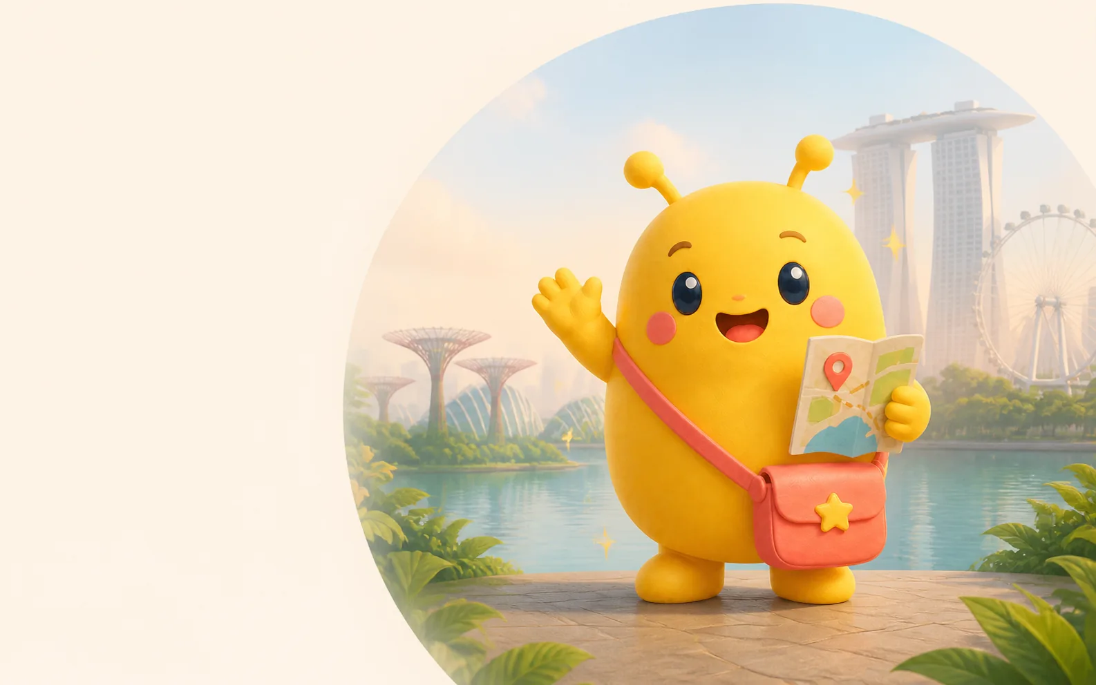 Sunny waving beside Marina Bay with a map and a coral bag attached to the sling