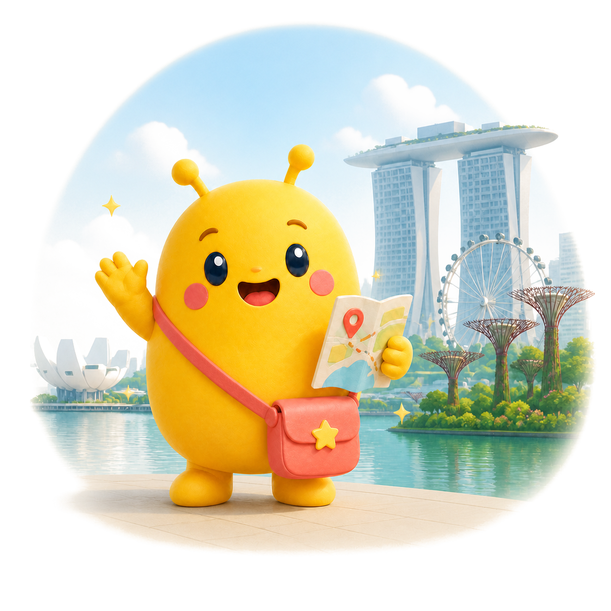 Sunny holding a map in front of Marina Bay Sands, the Singapore Flyer and Gardens by the Bay, with a coral bag visibly attached to the sling